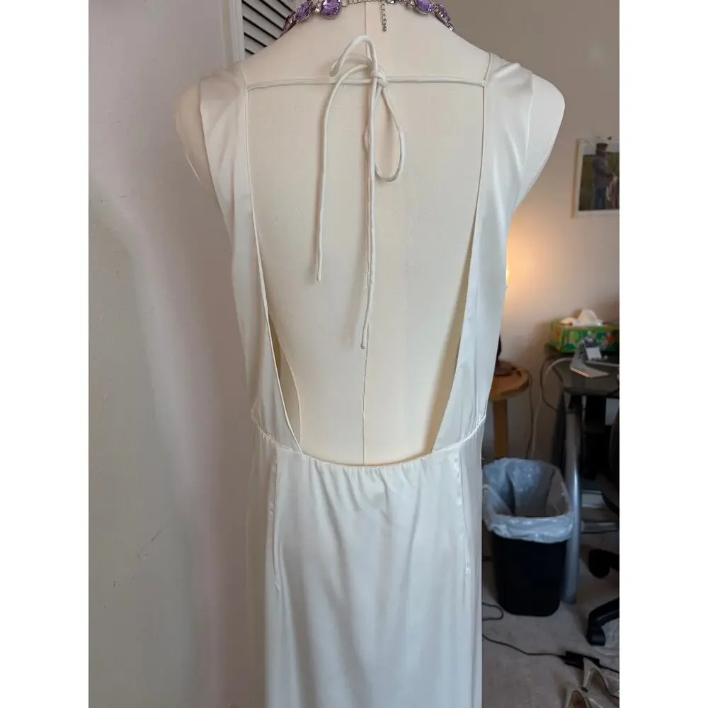 Abercrombie Draped White Satin Maxi Dress with Cutout Back Size Large